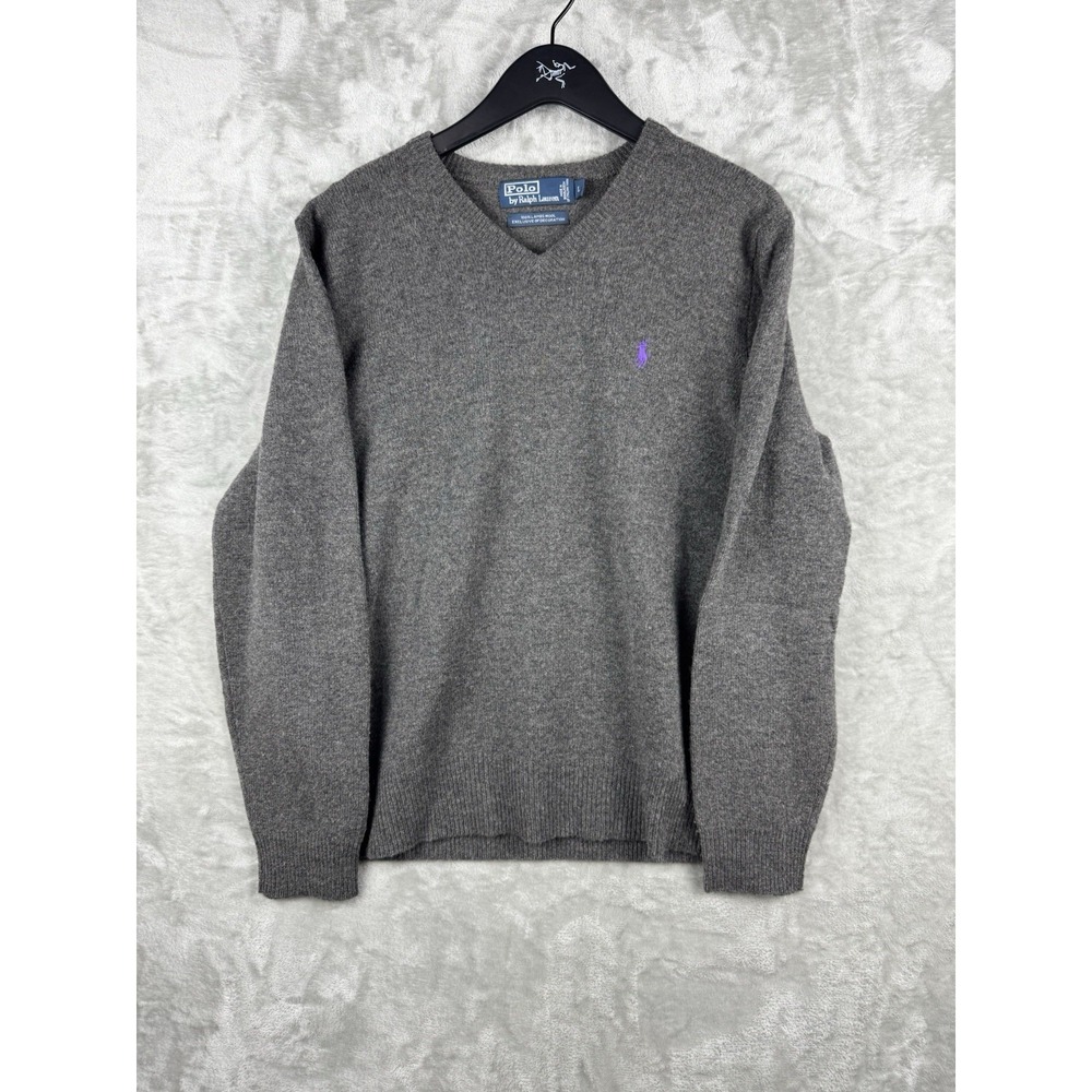 Polo Ralph Lauren 100% Lambs Wool V Neck Pull Over Sweater Gray Men's Large VTG